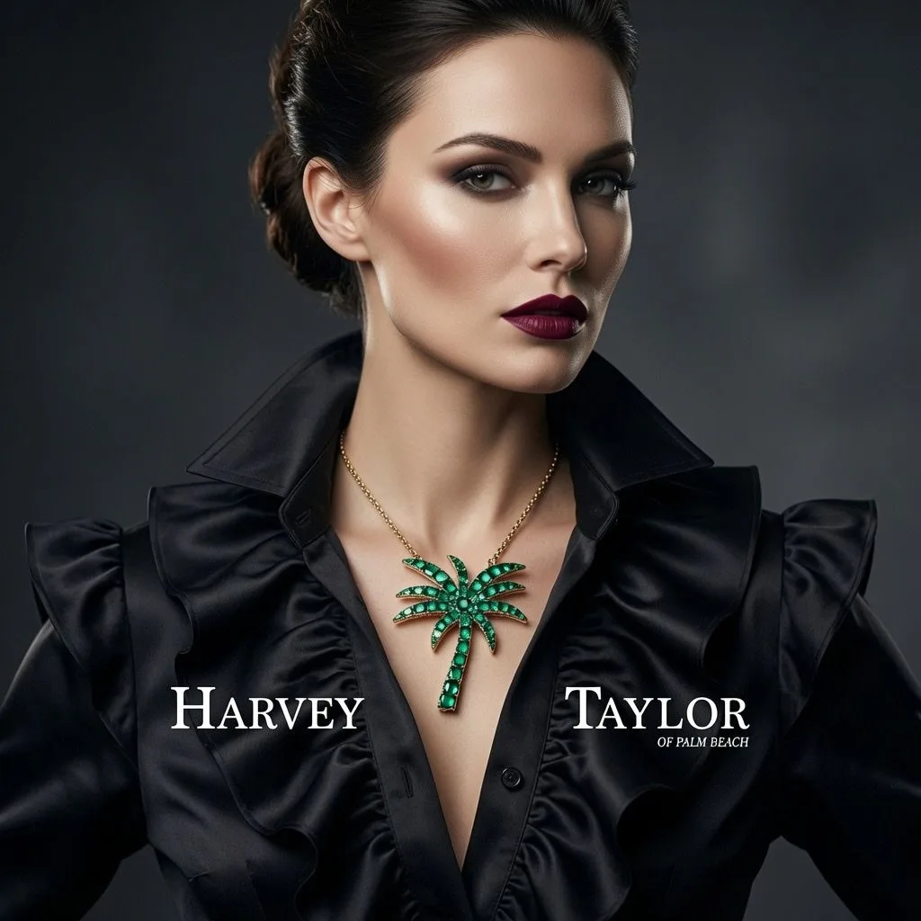 Harvey Taylor of Palm Beach portrait of a woman in black wearing a green palm pendant